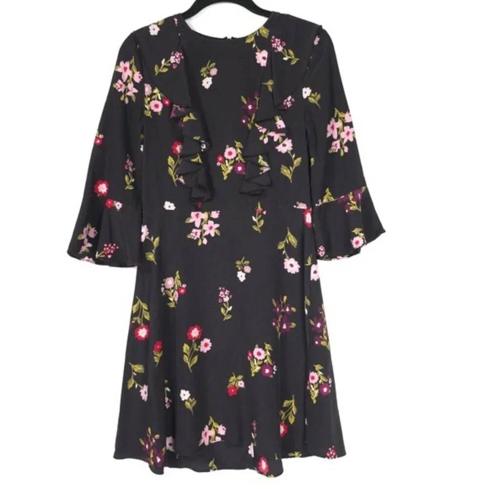 Kate Spade‎ 100% SILK In Bloom Ruffle Dress Women’s Size 2 Black Floral